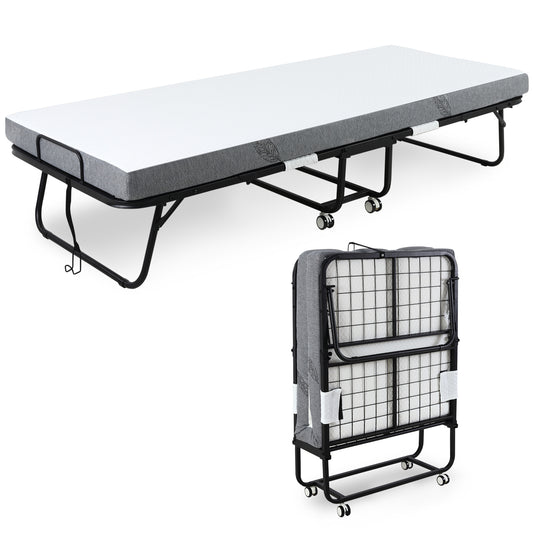 HOMCOM Folding Bed with 10cm Mattress, Portable Foldable Guest Bed with Sturdy Metal Frame on Wheels