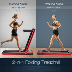 2-in-1 Folding Under Desk Treadmill with Dual LED Display-Red