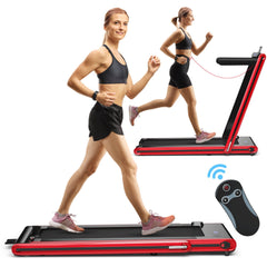 2-in-1 Folding Under Desk Treadmill with Dual LED Display-Red