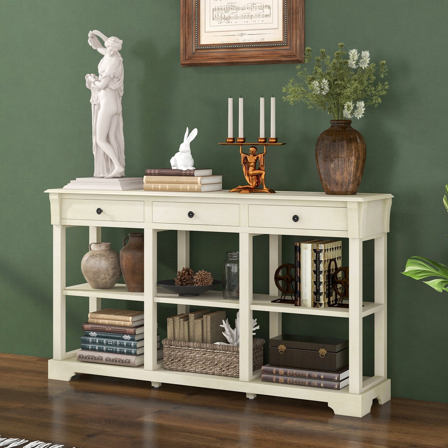 Retro Console Table with 3 Drawers and Open Shelves-White