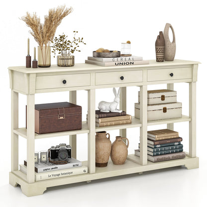 Retro Console Table with 3 Drawers and Open Shelves-White