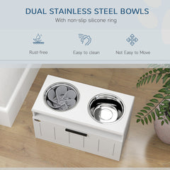 PawHut Raised Dog Bowl with Slow Feeder & 2 Stainless Steel Dog Bowl, 25L Storage Drawer, for Large & Extra Large Dogs, White