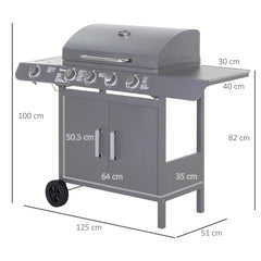 Outsunny 4+1 Burner Gas BBQ Grill, Outdoor Barbecue Trolley with Wheels, Warming Rack, Side Shelves, Cabinet, Thermometer for Garden, Party, Camping, 125 L x 51 W x 100 H cm, Grey