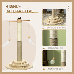 PawHut Cat Tree, with Scratching Post, Turntable Toy Ball - Natural Finish