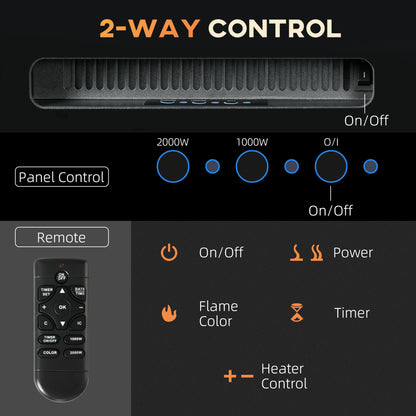 HOMCOM 127cm Electric Fireplace, 2000W Recessed and Wall Mounted Electric Fire with Remote Control, 9 Flame Colour and Crystal, Black