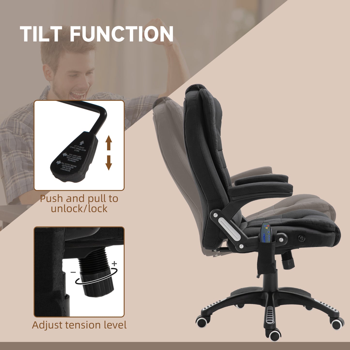 Vinsetto Massage Recliner Chair Heated Office Chair with Six Massage Points Linen-Feel Fabric 360√Ç¬∞ Swivel Wheels Black