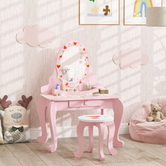 AIYAPLAY Kids Dressing Table Set, Vanity Table with Stool, Mirror, Drawer, Desktop Storage, Strawberry Theme, Pink