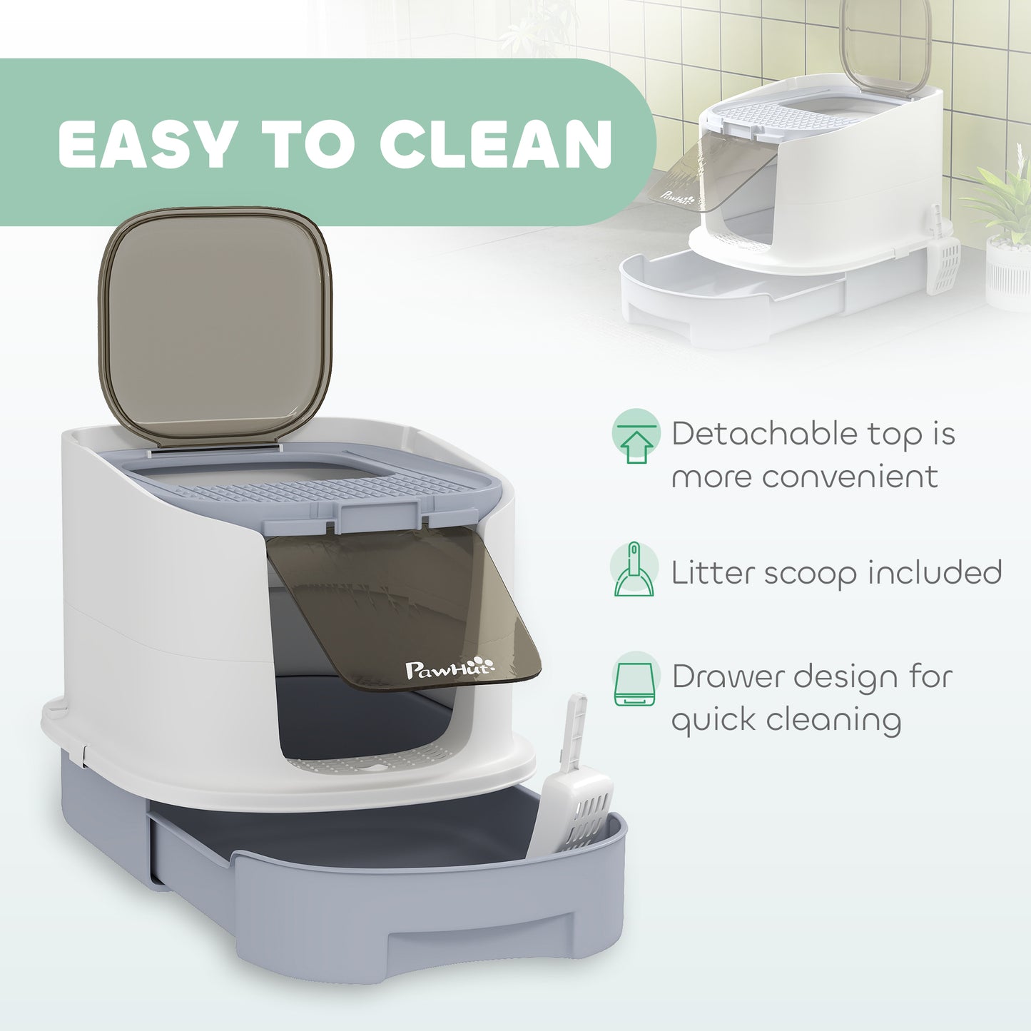 PawHut Cat Litter Box with Lid, Scoop, Deodorisation Bags, Top Entry