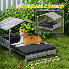 PawHut Extendable Elevated Dog Bed, Rattan Dog House, with Water-Resistant Roof, Removable Cushion, Charcoal Grey