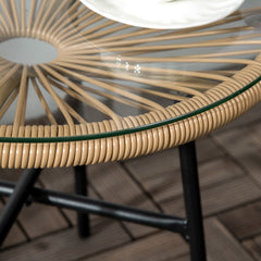 Outsunny Rattan Side Table, Round Outdoor Coffee Table, with Round PE Rattan and Tempered Glass Table Top for Patio, Garden, Balcony, Beige