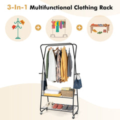 Rolling Clothing Rack  on Wheels with Double Hanging Rods and 2 Shelves-Black