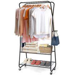 Rolling Clothing Rack  on Wheels with Double Hanging Rods and 2 Shelves-Black