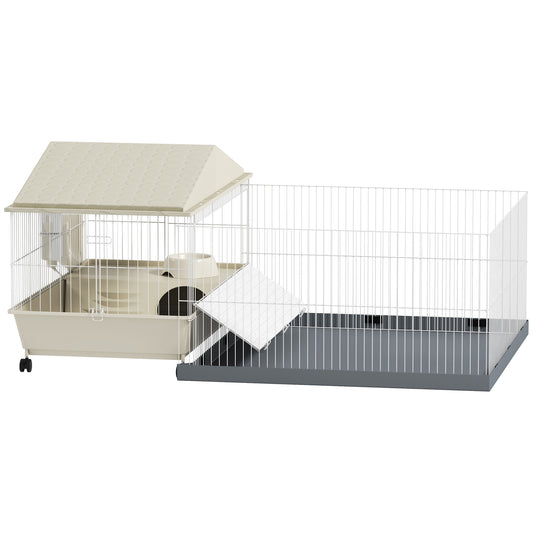 PawHut Small Animal Cage with Removable Pet Playpen, Guinea Pig Cage with Waterproof Pad, Hay Feeder, 108 x 71 x 57cm, Beige