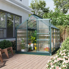 Outsunny 6 x 10ft Polycarbonate Greenhouse, Large Walk-In Green House with Slide Door and Window, Garden Plants Grow House with Aluminium Frame and Foundation, Dark Green