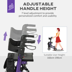 HOMCOM Folding Rollator Walker with Seat, Backrest, Lightweight Walking Frame with Storage Bag, Dual Brakes, Adjustable Handle Height, Suspension System, 4 Wheeled Walker for Seniors, Purple