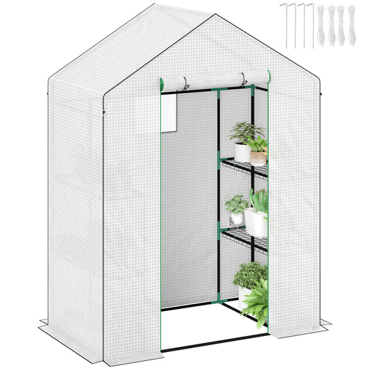 Outsunny 143 x 74cm Walk-In Greenhouse, with Shelves - White