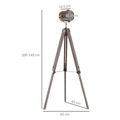 HOMCOM Industrial Tripod Floor Lamp, Nautical Searchlight with Adjustable Height, Wood Legs, E14 Lamp Base for Living Room, Bedroom, Grey and Bronze