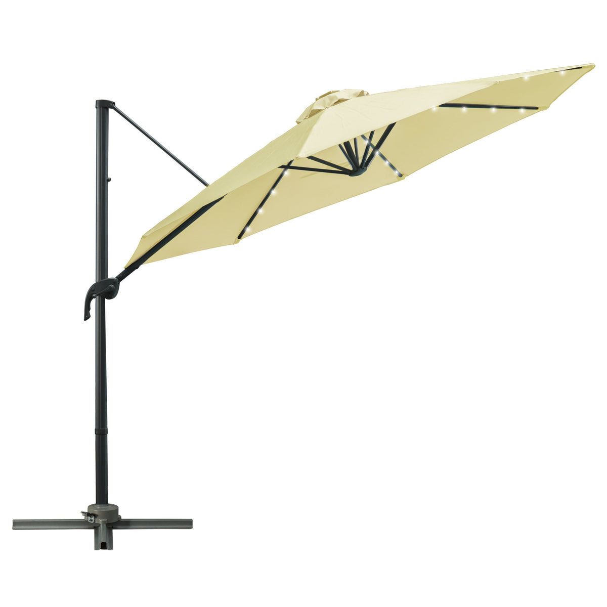 Outsunny 3(m) LED Cantilever Parasol Garden Sun Umbrella w/ Base and Solar Lights Beige