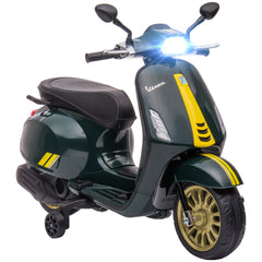 AIYAPLAY 12V Vespa Licensed Kids Electric Motorbike w/ Music, Headlights, FM Radio, for 3-6 Years - Green