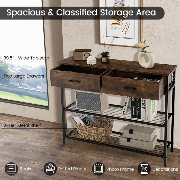 Entryway Console Table with 2 Drawers and 2-Tier Shelves-Coffee