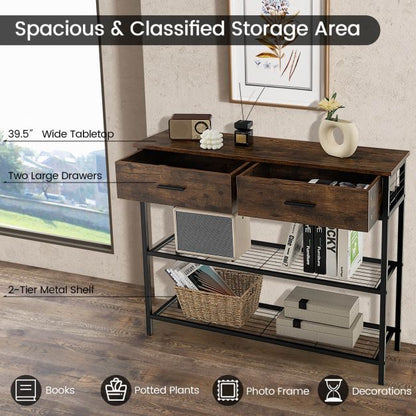 Entryway Console Table with 2 Drawers and 2-Tier Shelves-Coffee