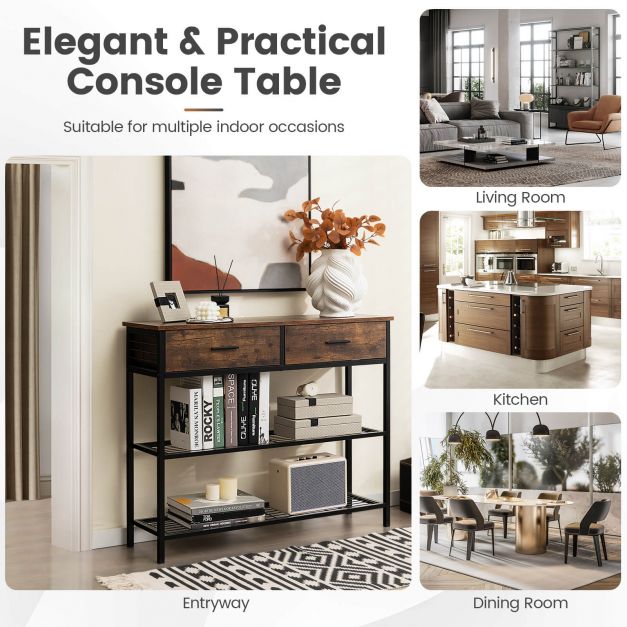 Entryway Console Table with 2 Drawers and 2-Tier Shelves-Coffee