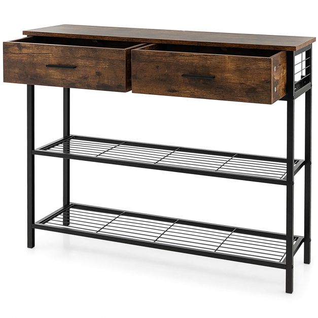 Entryway Console Table with 2 Drawers and 2-Tier Shelves-Coffee