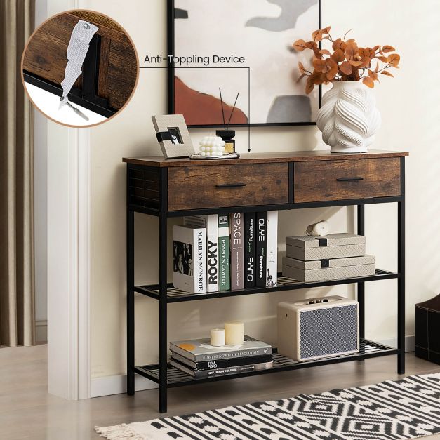 Entryway Console Table with 2 Drawers and 2-Tier Shelves-Coffee