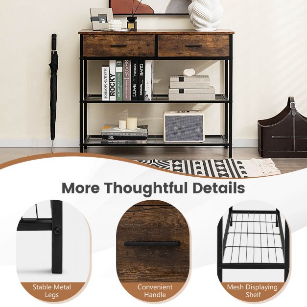 Entryway Console Table with 2 Drawers and 2-Tier Shelves-Coffee