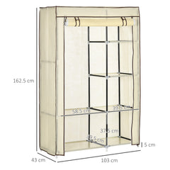 HOMCOM Fabric Wardrobe, Portable Wardrobe with 6 Shelves, 1 Hanging Rail, Foldable Closets, 103 x 43 x 162.5 cm, Cream White