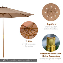 Outsunny 3(m) Garden Umbrella Wooden Parasol 8 Ribs Bamboo Sun Shade Patio Outdoor Umbrella Canopy Khaki