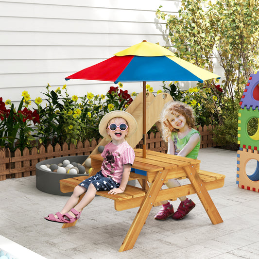 Outsunny Kids Picnic Table Set, 3 in 1 Sand Pit Activity Table, Kids Garden Furniture w/ Removable Parasol, for 3-6 Years