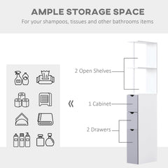 HOMCOM Tall Bathroom Cabinet, Freestanding Bathroom Storage Cabinet with 2-Tier Shelf and Drawers, Narrow Cupboard Storage Unit, White, Grey