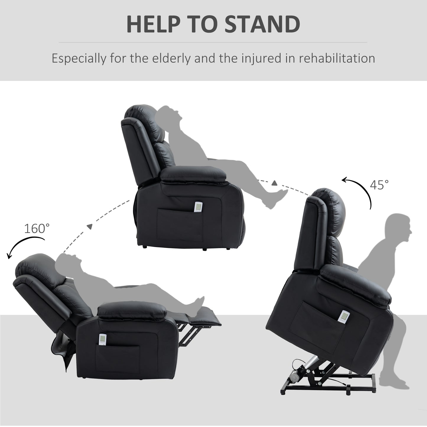 HOMCOM Riser and Recliner Chair with Massage, Power Lift Recliner Chair for Elderly with Remote Control, Extended Footrest, Dual Side Pockets, Overstuffed Electric Reclining Armchair, Black