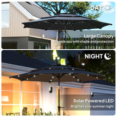 Outsunny 3-Tier Garden Parasol with Solar LED Lights, UPF 30+, Tilt Mechanism & Crank Handle, for Market Terrace, Dark Grey