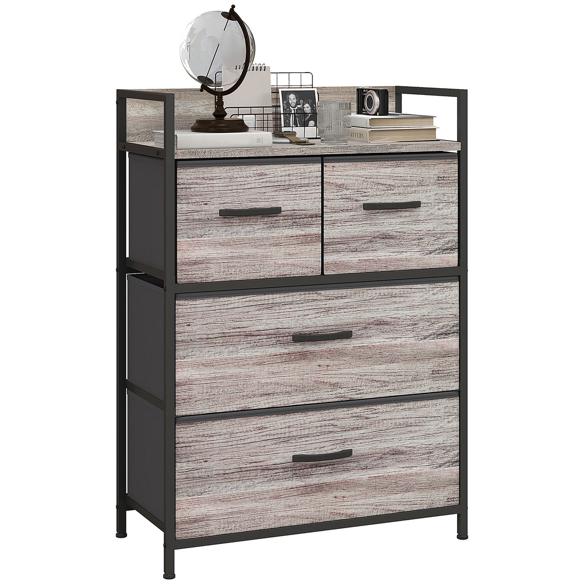 HOMCOM Rustic Chest of Four Fabric Drawers - Grey Wood Effect