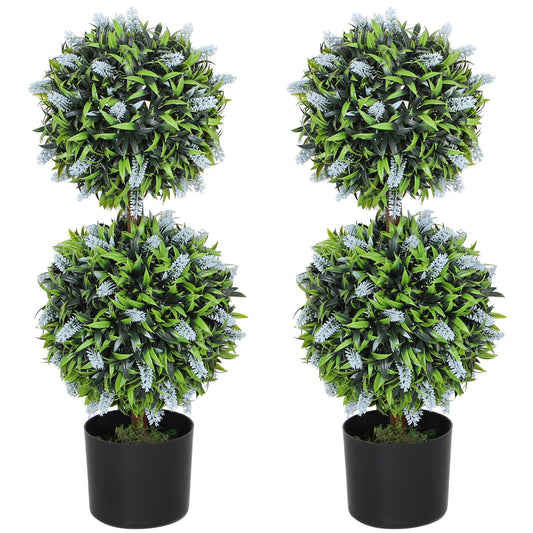 HOMCOM Set of 2 Decorative Artificial Plants Ball Trees with Lavender Flowers in Pot Fake Plants for Home Indoor Outdoor Decor, 70cm, Blue