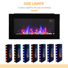 HOMCOM LED Wall Mounted Fireplace Curved Glass Electric Fire Place for Living Room, 1000W/2000W, 48H x 90.8W x 11.5Dcm, Black