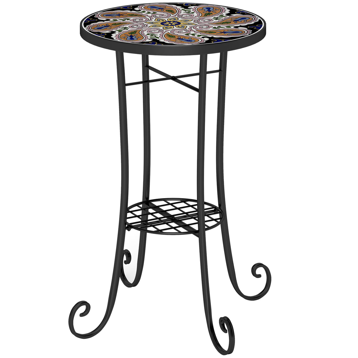 Outsunny Mosaic Garden Table, 35.5 cm Round Outdoor Table with Shelf, Ceramic Tile Top, Small Garden Side Table Bistro Table End Table Plant Stand for Indoor, Patio, Balcony, Orange