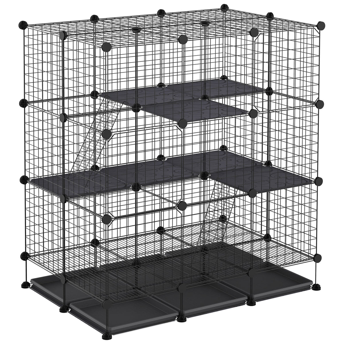 PawHut 3 Level DIY Pet Playpen Metal Small Animal Cage Rabbit Ferret Chinchillas Cage 4 Doors Bottom Trays Black