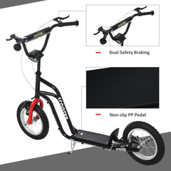 HOMCOM Stunt Scooter, Kids Scooter, 12'' Rubber Tyre Kick Scooter with Adjustable Handlebar, Dual Brakes, Black