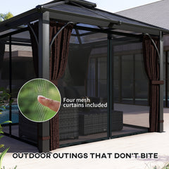 Outsunny 3 x 3(m) Hardtop Gazebo Canopy with 7mm Double Polycarbonate Roof, Garden Gazebo Permanent Pavilion with Mosquito Netting and Curtains for Patio, Deck, Brown