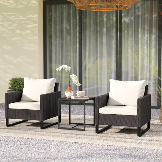 Outsunny 3 Pieces Rattan Bistro Set with 4 Cushions, Wicker Garden Furniture Set, Glass Top Coffee Table and Chairs for Outdoor Patio, Balcony, Terrace and Conservatory, Brown