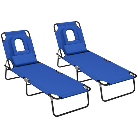 Outsunny Outdoor Foldable Sun Lounger Set of 2, 4 Level Adjustable Backrest Reclining Sun Lounger Chair with Pillow and Reading Hole, Blue