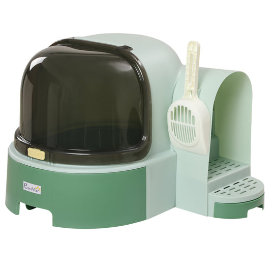 PawHut 2 in 1 Cat Litter Box, with Drawer Pans, Scoop, Openable Cover - Green