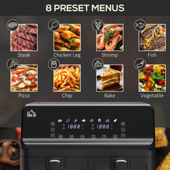 مقلاة هوائية مزدوجة السلة سعة 8 لتر من هومكوم، فرن مقلاة هوائية 8 في 1 مع شاشة رقمية، مرئية، مؤقت، تسخين مسبق للطهي الخالي من الزيت، 2500 وات، لمسة نهائية متزامنة، فضي