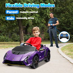 AIYAPLAY 12V Lamborghini Autentica Licensed Kids Electric Car with Remote Control, Four Suspension Wheels, Soft Start, Purple