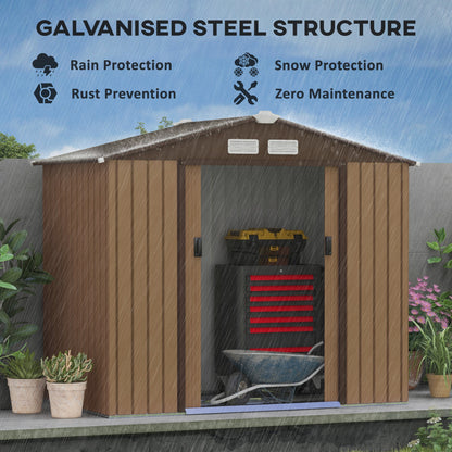 Outsunny 7 x 4ft Lockable Metal Garden Tool Storage Shed, Outdoor Storage Shed with Foundation and vents, Light Brown