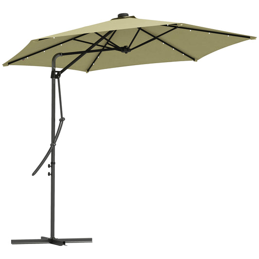 Outsunny 3(m) Garden Parasol Cantilever Umbrella with Solar LED, Cross Base and Waterproof Cover, Beige