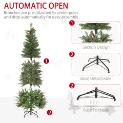 HOMCOM 6ft Pencil Artificial Christmas Tree with Realistic Branches, Red Berries, Auto Open, Green